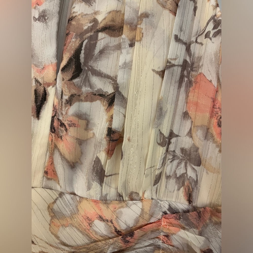 Chiffon halter dress, neutral floral, subtle gold threading and built in slip - Picture 3 of 4